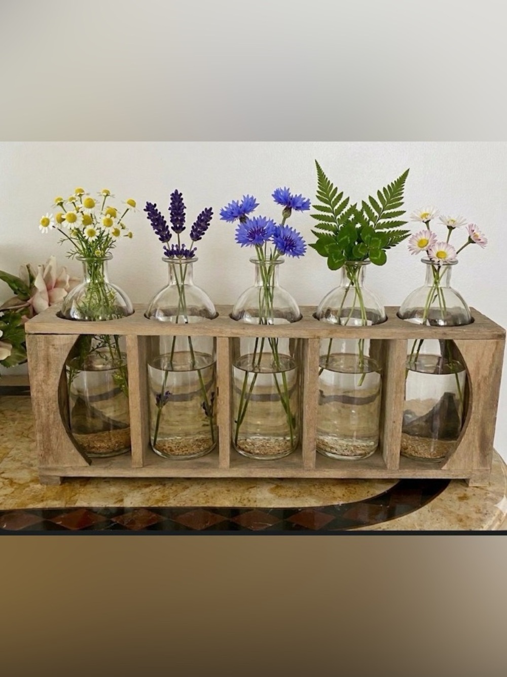 Rustic Wooden Crate with Five Glass Bottles - Clear & Natural Wood